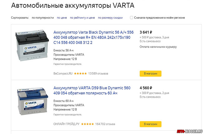 Цены на аккумуляторы VARTA
